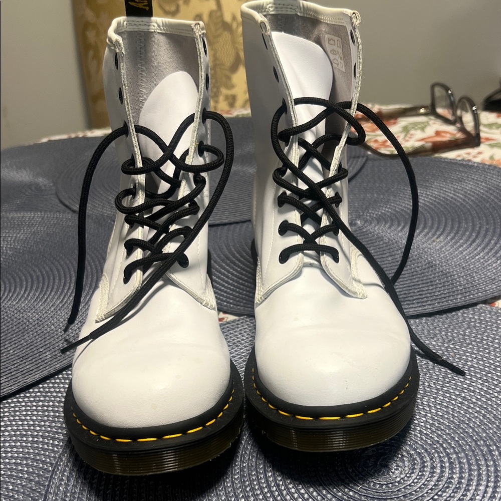 Dr martens White Leather Boots with Yellow Stitching